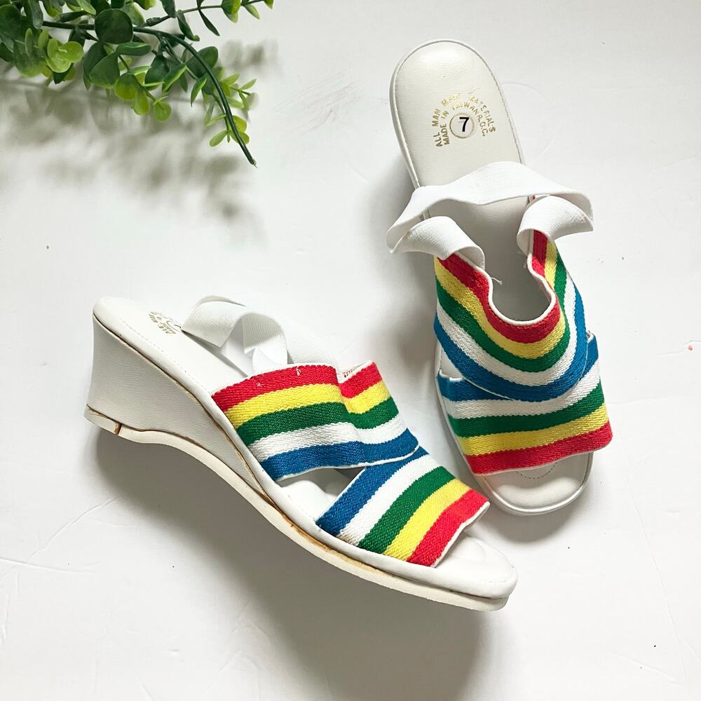 Vintage 70s 80s Rainbow Strap Wedge Sandals